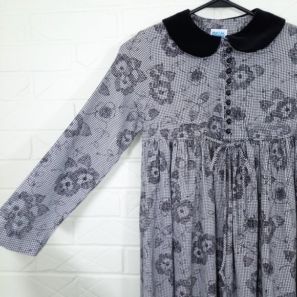 Vintage Luli & Me Black Floral Embroidered Gingham Long Sleeve Pleat Dress 8 - Picture 2 of 6